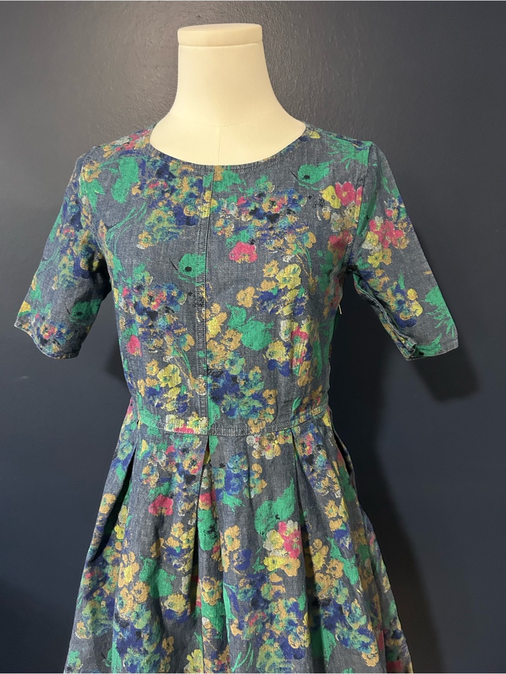 GAP Dark Blue Floral Midi Dress with Green, Yellow & Pink Accents